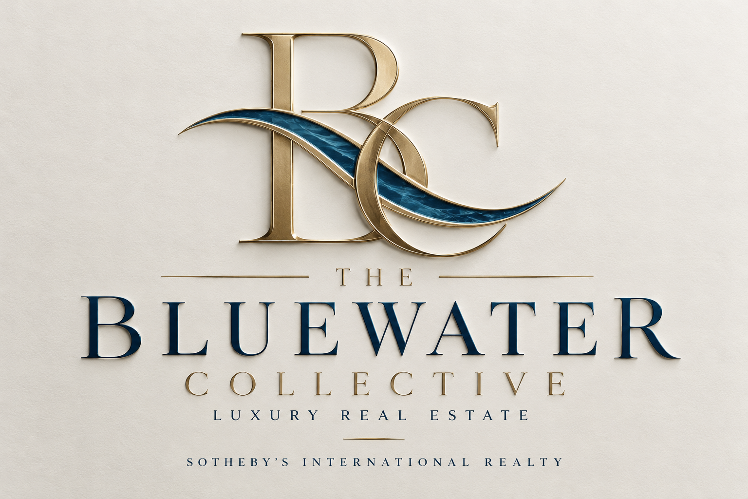 The Bluewater Collective luxury real estate — gold BC monogram with an ocean-blue wave